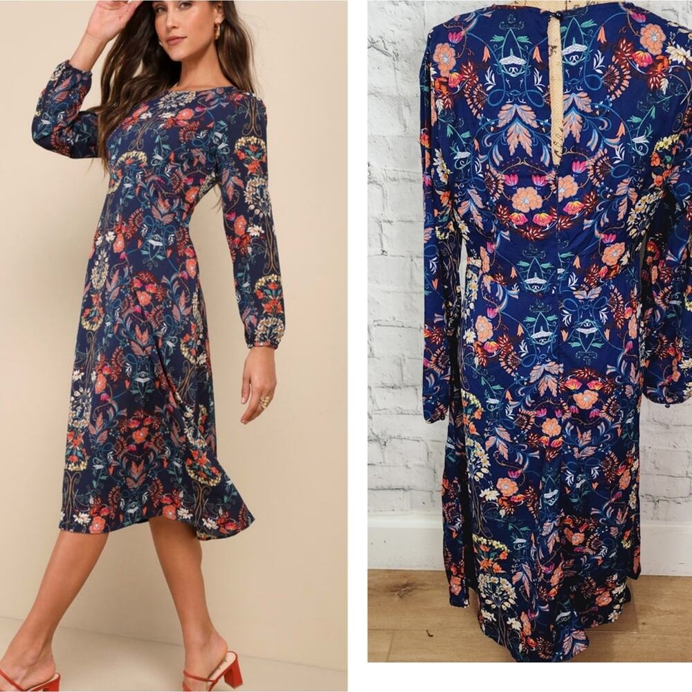I Madeline floral midi dress Sz L long sleeve cottage core boho ACL